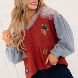Red and Gray V-Neck Patchwork Sweater